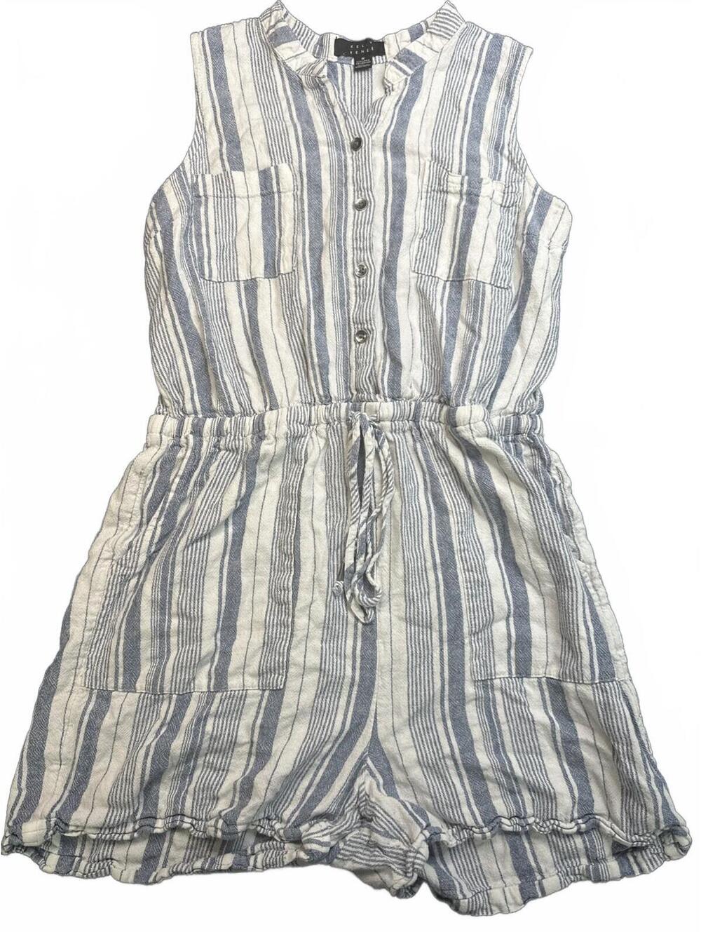 Romper Women Size M Blue White striped Linen Blend Sleeveless Boho
